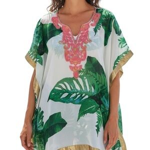 Lucky & Coco Tropical Print Tunic Beach Cover-Up with Pink Embroidery Size XL